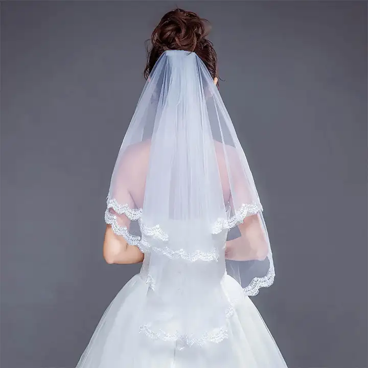 White Lace Veils Double Bridal Veil Beautiful Ivory Cathedral Short Wedding Veils Lace Edge With Comb Bride Veils Lazada