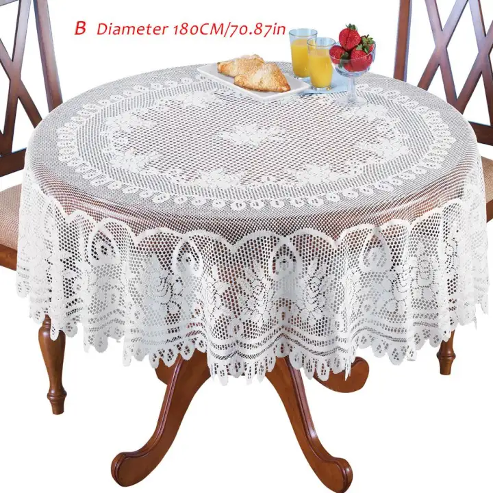 Warp Knitted Lace White Rose Round, Rectangular Tablecloth On Round Table