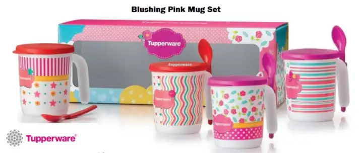 Tupperware Blushing Pink Mug Set (4) 350ml with hang on spoon (4)
