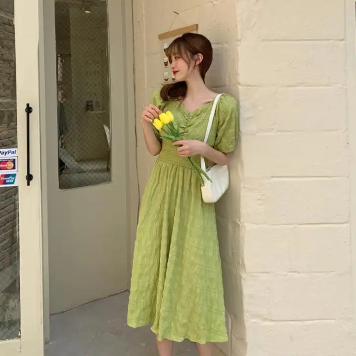 Tofashions On Sale Dress Women Green Loose Fashion Simplicity Girl Clothes Retro Oversized Long Skirts Blue Korean Style Sweet Student Thin Big Size Cute Perempuan Baju Perempuan Murah Cantik Ins Lazada