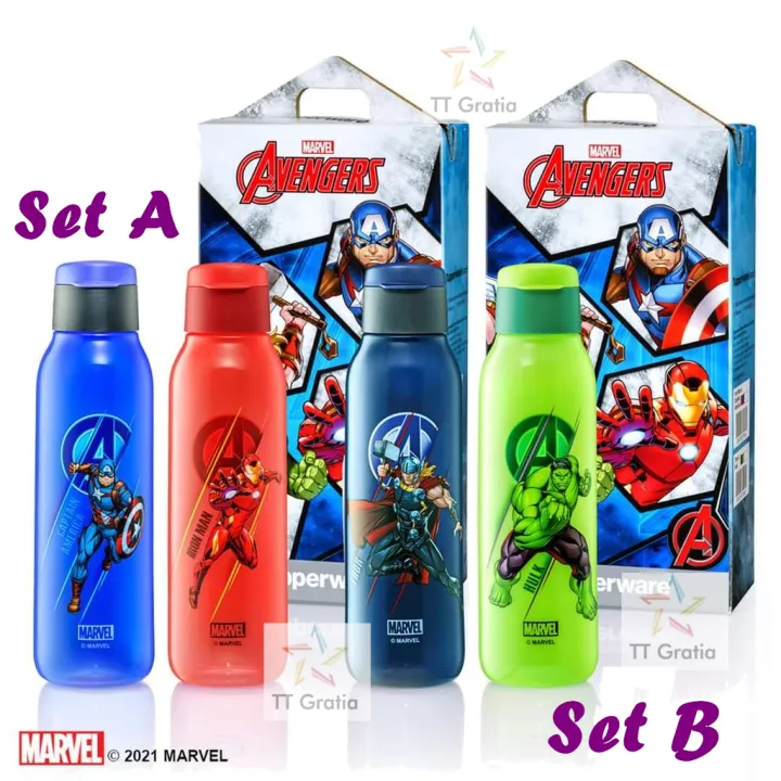 Original Tupperware Avengers Eco Bottle 750ml (2) with Gift Box/ Air Botol Iron Man/ The Hulk/ Thor/Captain America/Marvel