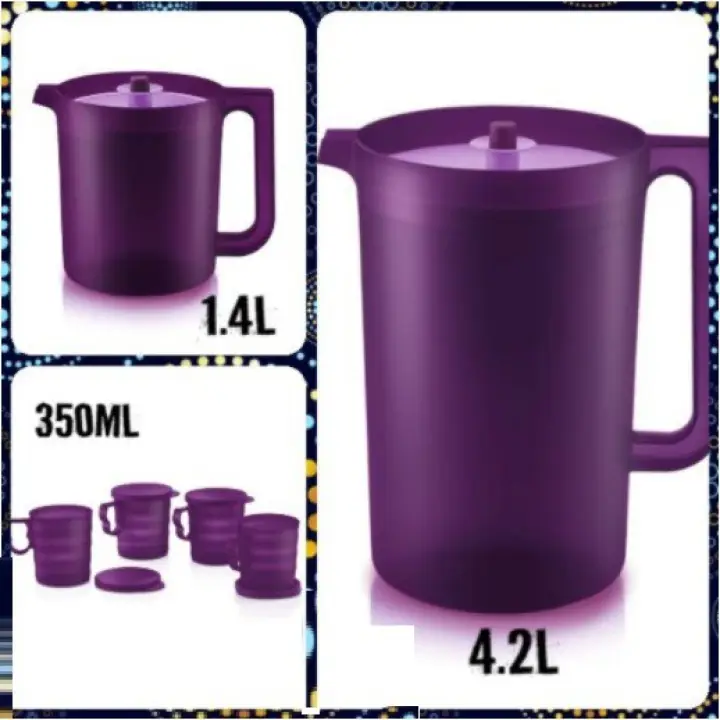 Tupperware Purple Royale Giant Pitcher (1) 4.2L-(1)1.4L - Mugs with seal (4) 350ml