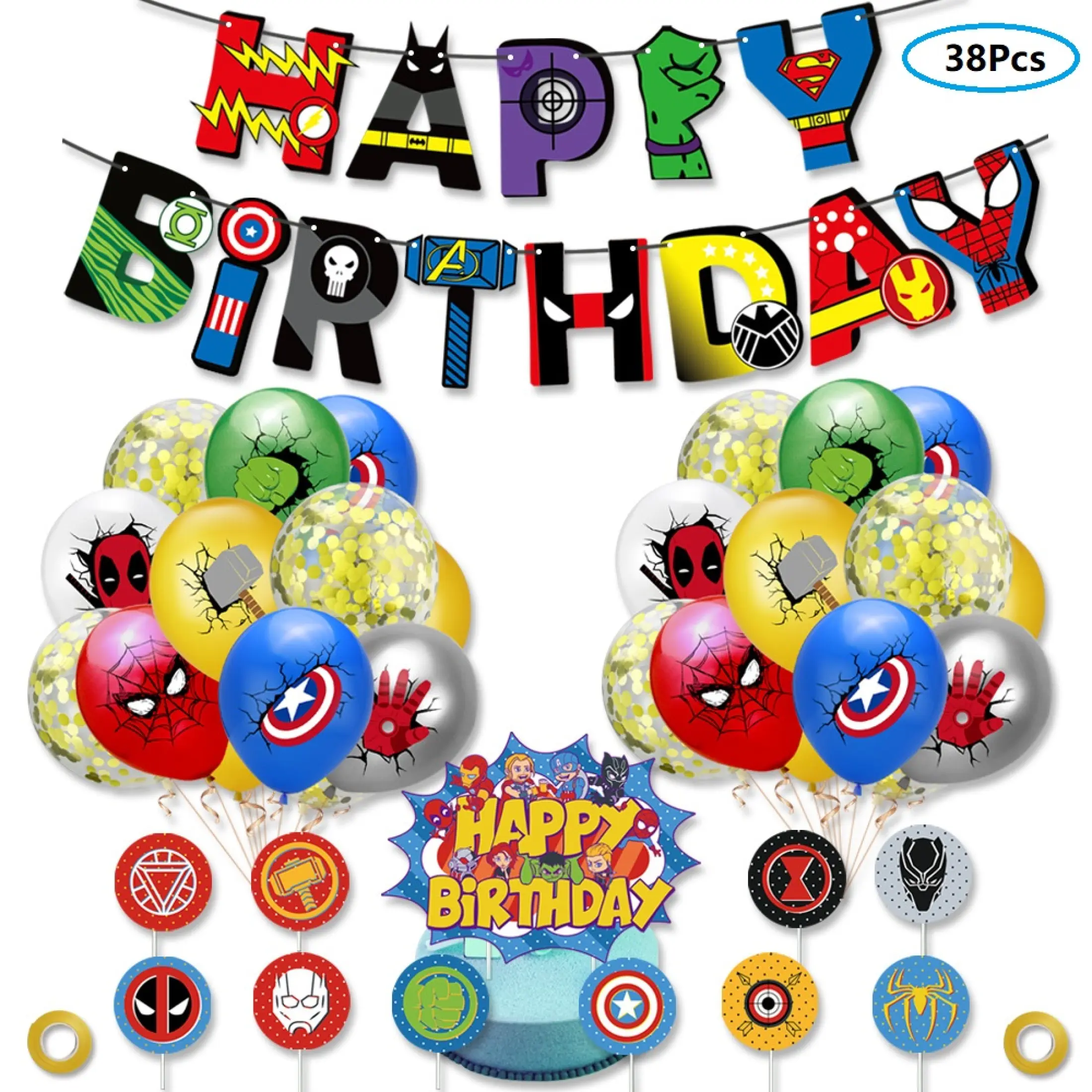 Toystoryshop 38pcs Set Avengers Superhero Theme Balloon For Happy Birthday Party Decoration Set Toys For Kids Boys Spider Man Hulks Captain America Home Decor Party Supplies Balloons Anniversaire Cupcake Topper Gift For Kids