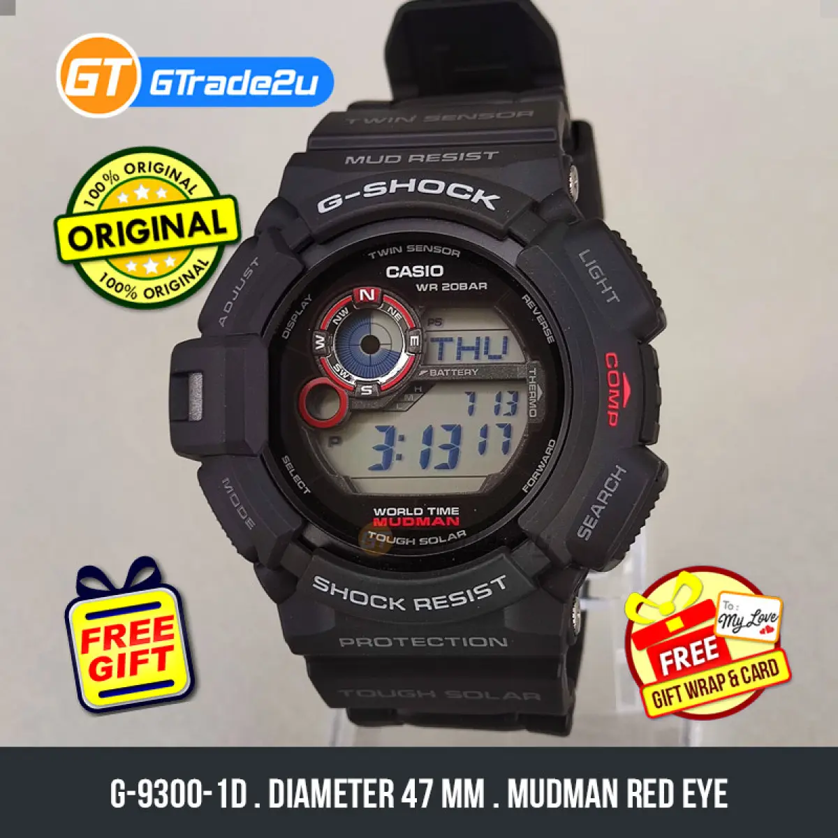 Casio G Shock Men G 9300 1d G 9300 1 G9300 1d Digital Mudman Hitam Black Red Eye Watch Black Resin Band G Shock Watch For Man Jam Tangan Lelaki Casio Watch For Men