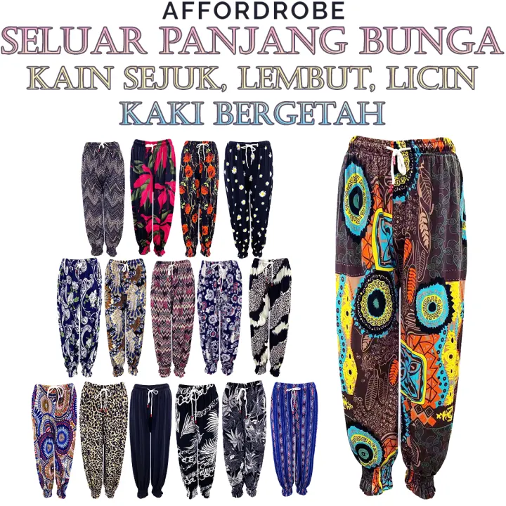 24 36inci Seluar Panjang 89cm Corak Bunga Kain Ringan Sejuk Selesa Pinggang Getah Saiz Besar Women Ladies Flower Long Pants Night Home Lazada