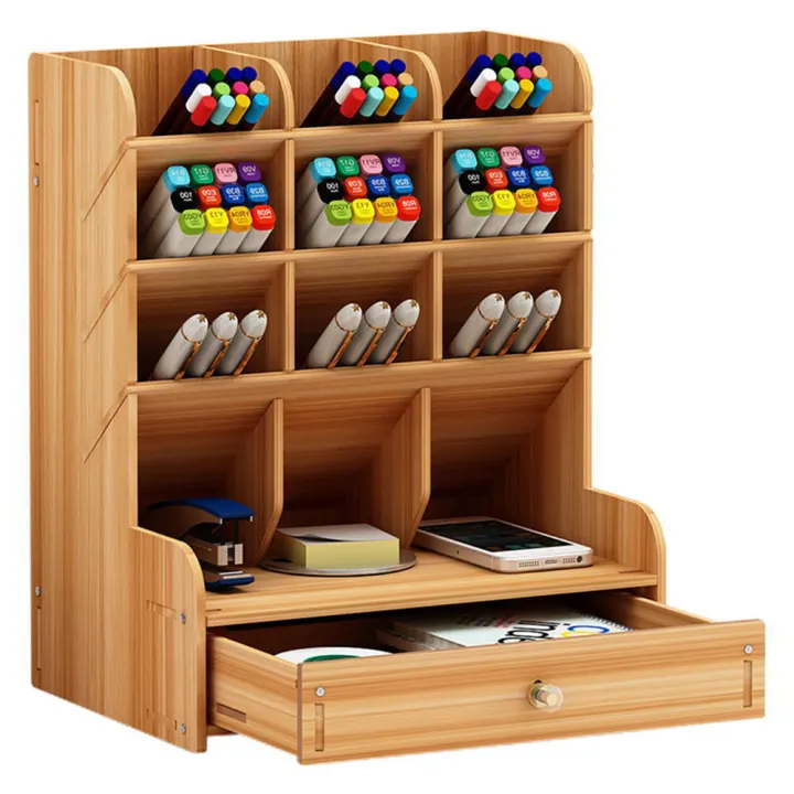 Wooden Desk Pen Holder Storage Rack, Large Wooden Desk With Storage