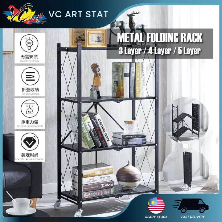 3 4 5 Tier Metal Folding Rack Large Cart Storage 150kg Max Load Bearing Rak Barang Rak Besi Lazada