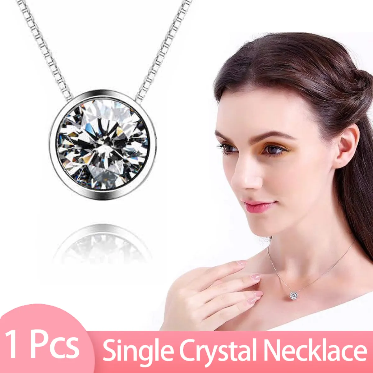 Fashion Womens Round Single Crystal Rhinestone Silver Pendant Necklace Jewelry