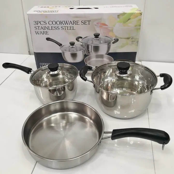 3 Piece S Cookware Stainless Steel Set Periuk Stainless Steel Cookware Set Glass Lazada