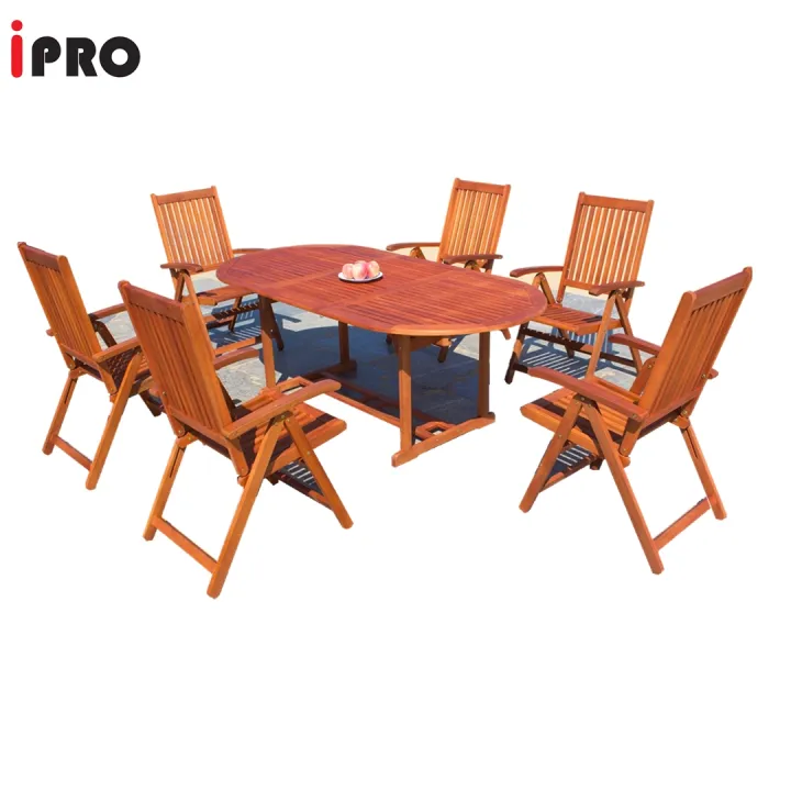 Ipro Wooden Outdoor Dining Table Chair Set Patio Garden Furniture Coffee Meja Makan Vanamo With 6 Folding Reclining 5 Position Extendable - Wooden Garden Furniture Sets With Reclining Chairs