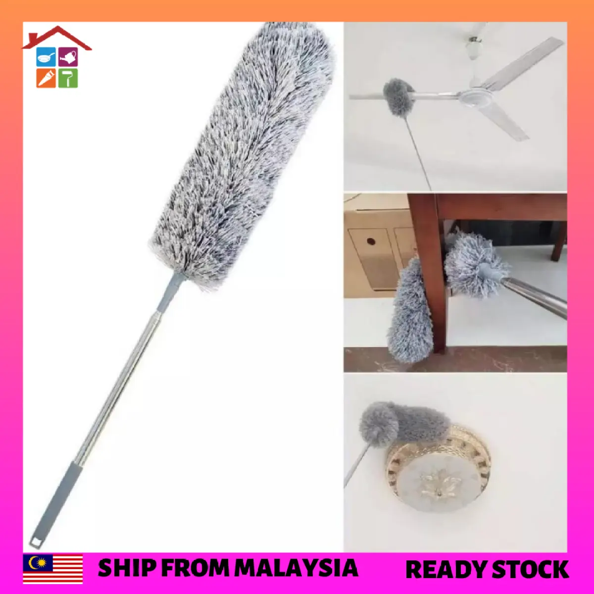 Microfiber Duster With Extendable Long Handle Rotating Head Bulu Ayam Bendable Washable Cleaning Tool Penyapu Habuk Lazada