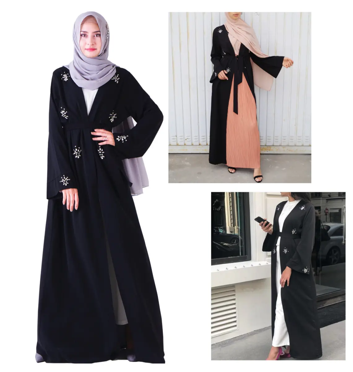 Muslim Diamonds Beading Cardigan Abaya Full Dress Kimono Long Robe Gowns Jubah Dubai Middle East 2397