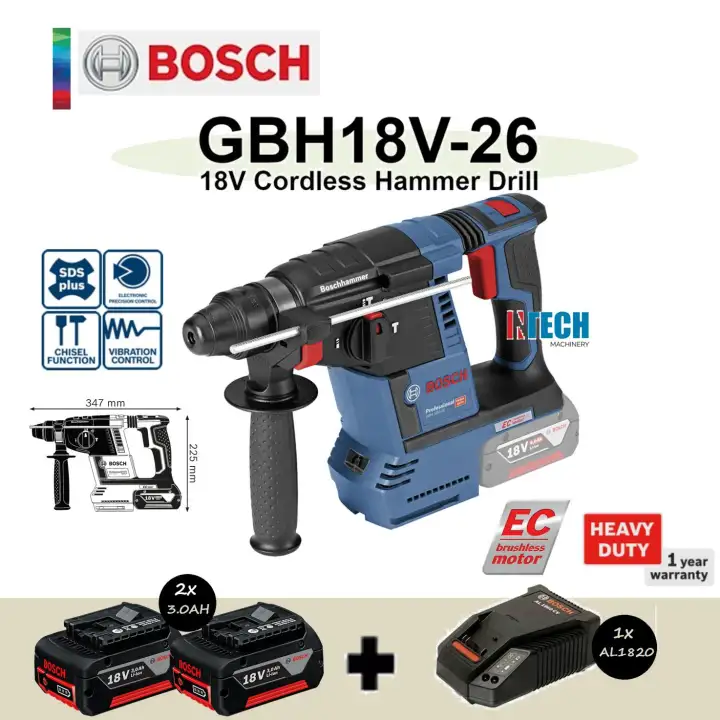 Bosch Gbh18v 26 Solo Cordless Rotary Hammer C W Al10cv Charger 18v 3 0ah Battery 2x Lazada