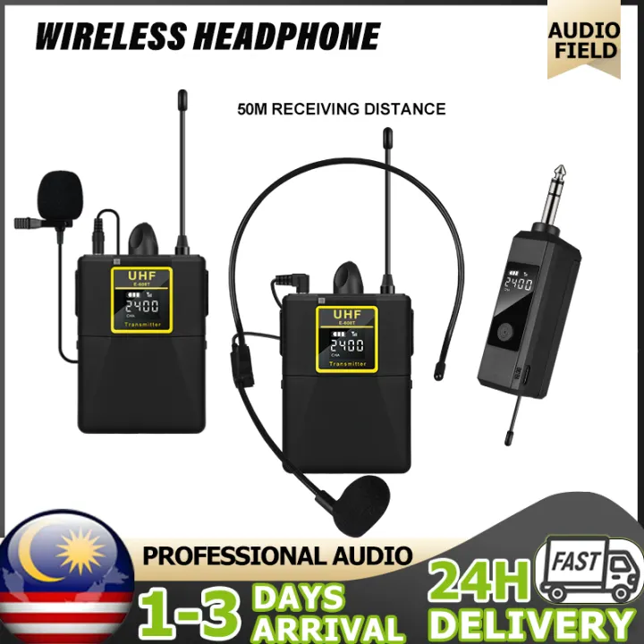 UHF Wireless Microphone Headset with Transmitter and Receiver, LED Digital Display Bodypack Transmitter Headset Mic-Matching headphones, lapel microphone, and rechargeable receiver with built-in 1/4 "teacher output, speech, interview, Vlog recording