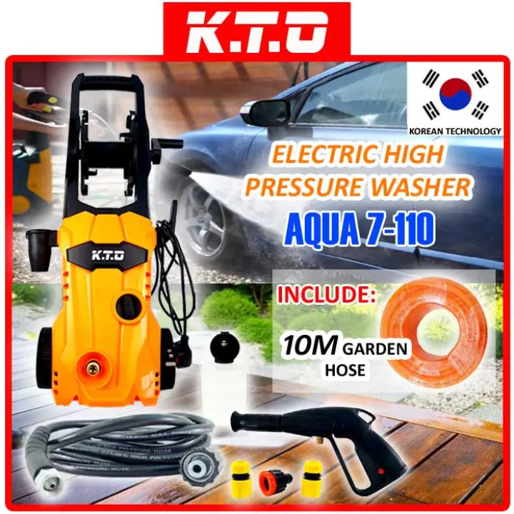 KTO ELECTRIC HIGH PRESSURE WASHER JET AQUA 7-110 WHEEL with 10 METER GARDEN  HOSE / MESIN PAM AIR CUCI KERETA RUMAH