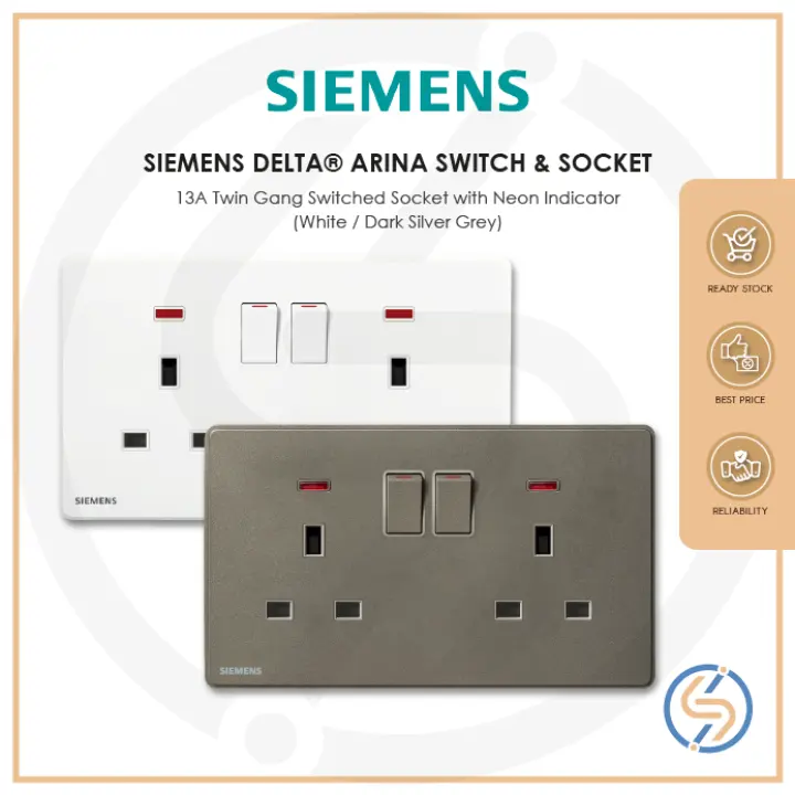 Siemens Delta Arina 13A Twin Gang Switched Socket with Neon Indicator