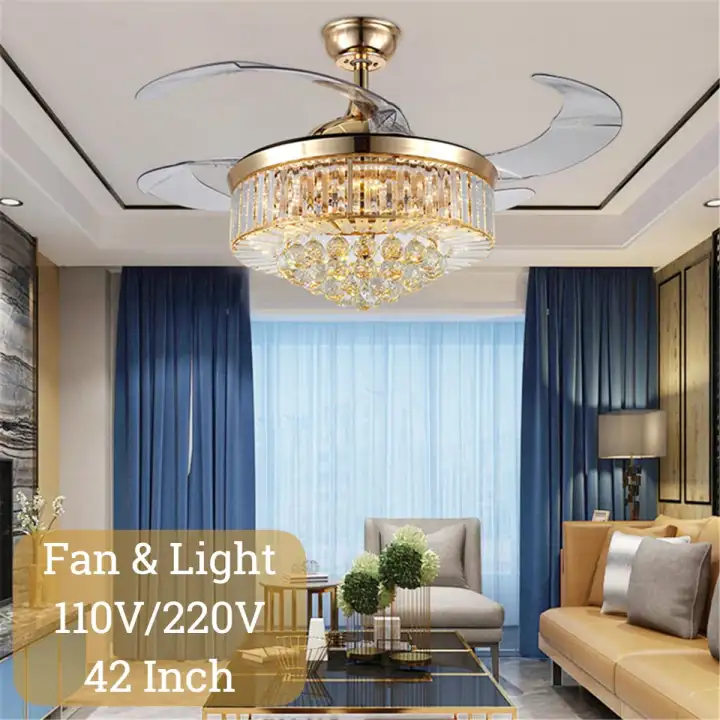 42 Crystal Invisible Blade Ceiling Fan, Ceiling Fan With Chandelier Light