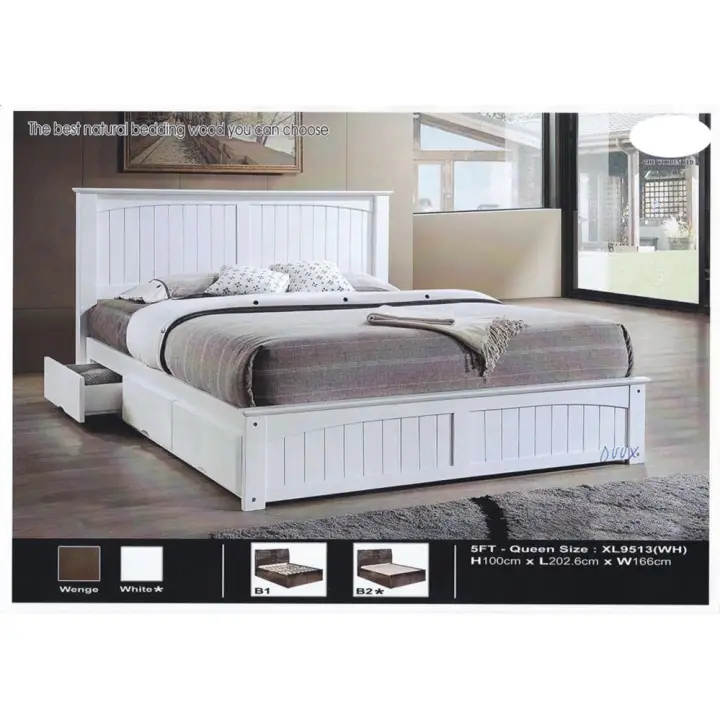 Solid Wood Strong Queen Size Wooden Bed, Queen Bed Frames With Storage Drawers