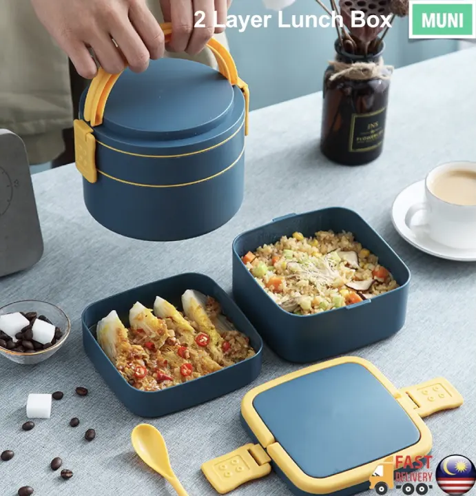 Lunch Box Food Container Bento Box Bekal Makanan Double layer round shape lunch box with spoon Nordic style