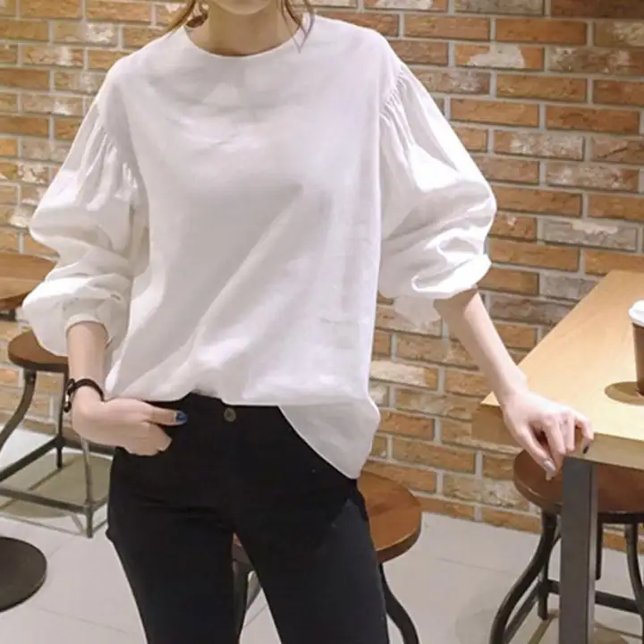 Sweet Women Long Sleeve Blouse Fashion Autumn Korean White Shirt Plain Lantern Sleeve Tops Lazada Singapore