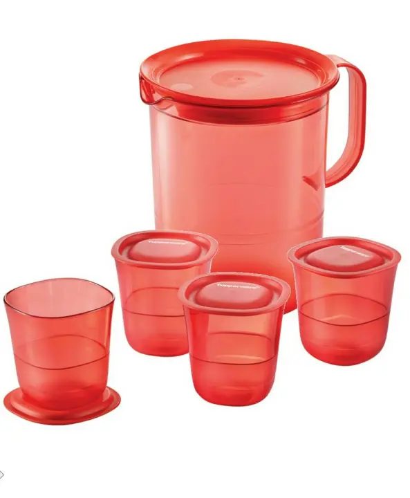 Tupperware Coral Blooms Crystalline Drinking Set (Pitcher and Short Glasses)