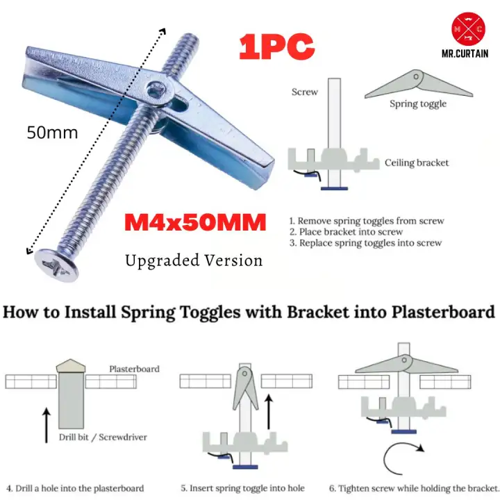 MR.CURTAIN READY STOCK Spring Toggle Bolt Anchor Screw Ready Stock for Partition and Plaster Ceiling Wall Plug DIY Curtain Track / Rail Langsir