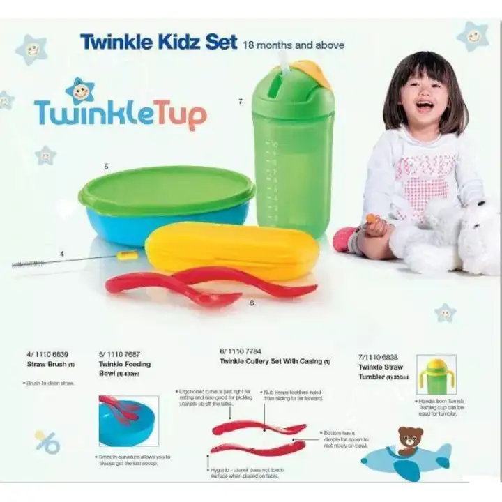 Tupperware Twinkle Tup Kids Set (Set of 4) Cutlery Feeding Bowl Straw Tumbler Brush