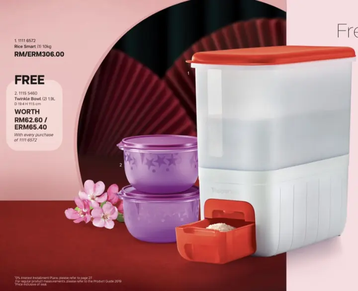 Tupperware Rice Smart Red (1pc) 10kg with Free Twinkle Bowls (2pcs) 1.9L