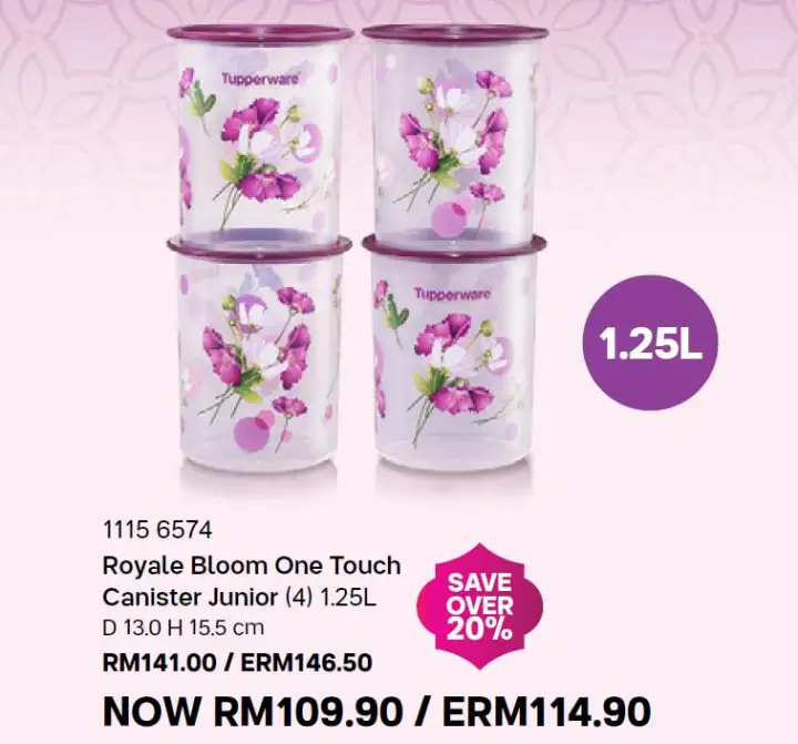 Tupperware Royale Bloom One Touch Canister Junior (4) 1.25L