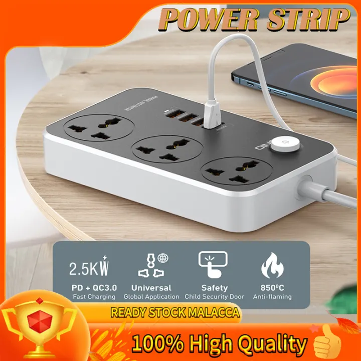 Power Strip 3 Universal Socket with 6 USB Output 2m USB Power Strip Socket Uk Extension Plug (Jalur Kuasa 3 Soket dengan 6 Output USB)通用插座