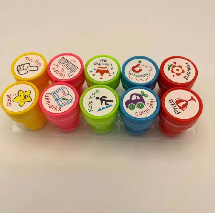 Courage Student Stamp Good Happy Keep Trying Prize Cop (10 Type in 1 Set) Red ink Chop 学生奖励星星印章