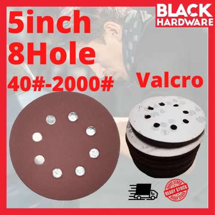 Black Hardware HoME Living 5inch 8 Hole Round WoodWorking Grinder Hook Self Abrasive Polish Wax Velcro Flock Sanding Sand Paper DISC Wheel Pad Kertas Pasir Machine Tools Set 10pcs  魔术贴砂纸