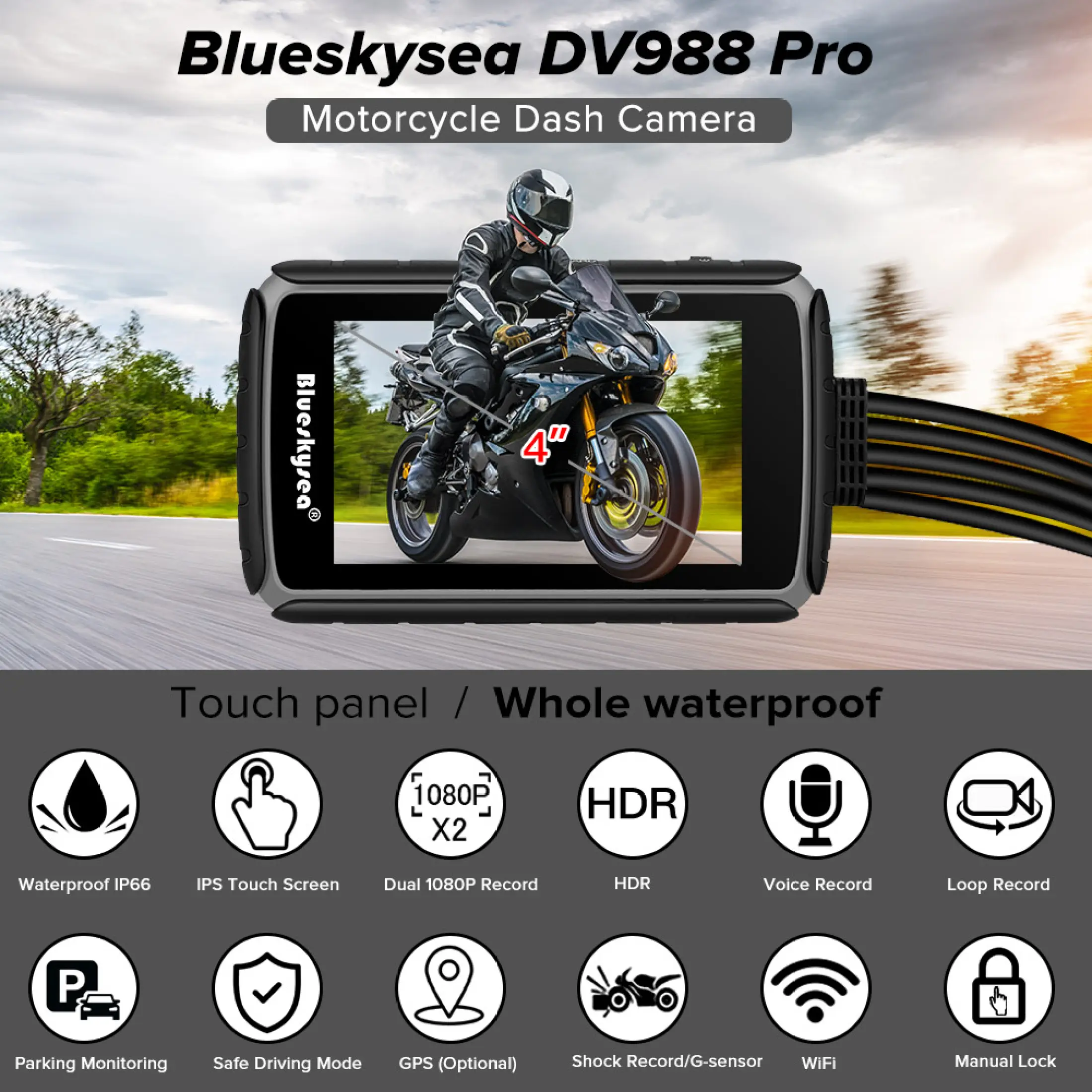 Blueskysea Dv9 Pro Wifi Motorcycle Dash Cam 1080p 140 Degree Dual Lens Motorbike Recording Dvr Gps With Ip67 Waterproof Loop Recording Lazada Ph