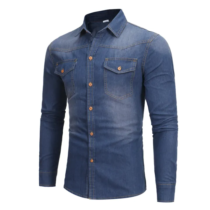 Casual Shirts Men Long Sleeve Denim Shirt For Man Fashion Double Pockets Slim Top Autumn New Blue Lazada Singapore