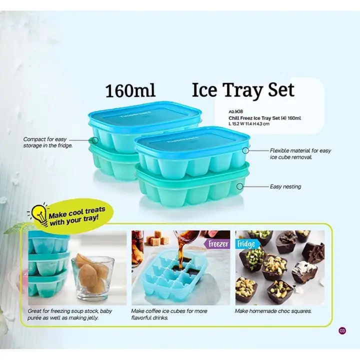 Tupperware Chill Freez Ice Cube Tray Set (Blue or Green Color Set) - 160ml