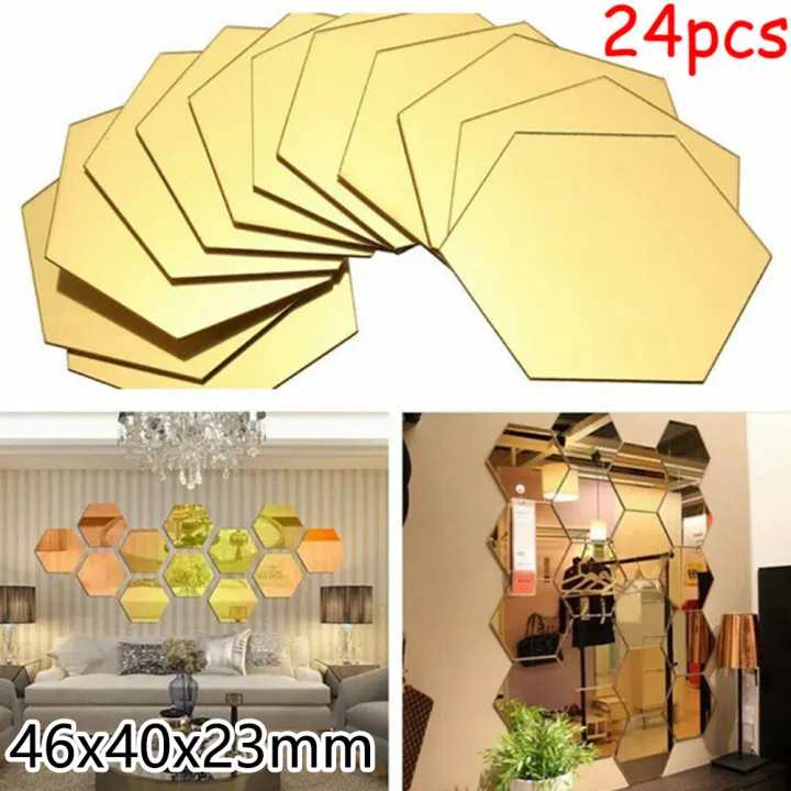 24pcs Large Hexagon Mirror Tiles Glass Wall Stickers Self Adhesive Stick On Art Lazada Singapore - Mirrored Wall Tiles Large