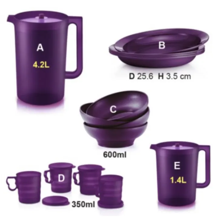 Tupperware:Purple Royale Pitcher (4.2L-1.4L) - Plates - Mugs 350ml - Bowls 600ml - Cystalline Drinking set