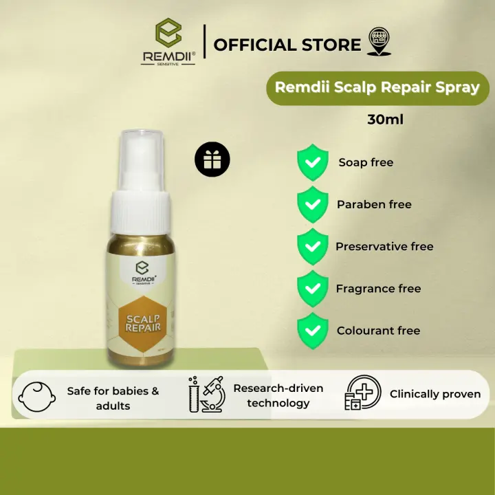 Remdii Scalp Repair Spray (30ml) for sensitive, dry, red, itchy & flaky scalp and suitable for babies cradle cap