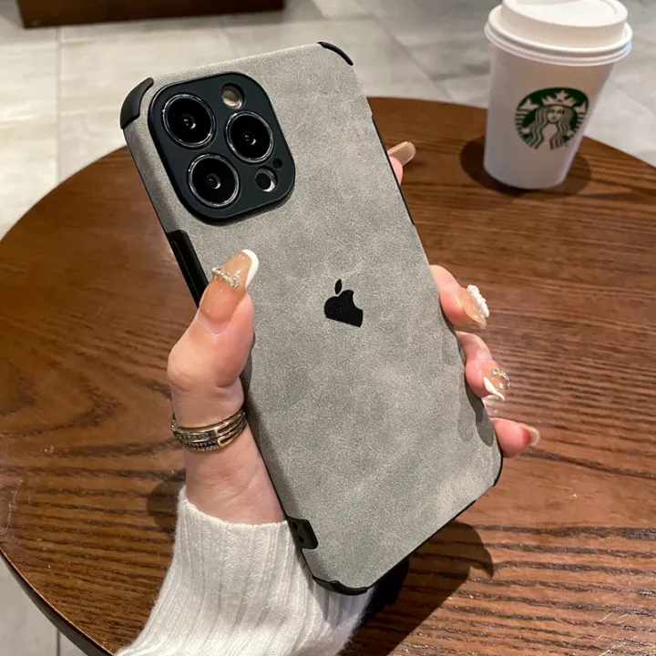 CrashStar With Logo Fur Leather Soft Shockproof Phone Case For iPhone 16 15 14 Pro Max Plus 13 12 11 Pro Max Mini XS XR X 8 7 6 6S Plus + SE 2020 Simple Phone Casing Anti-fall Phone Cover With Full Cover Lens Camera Protection