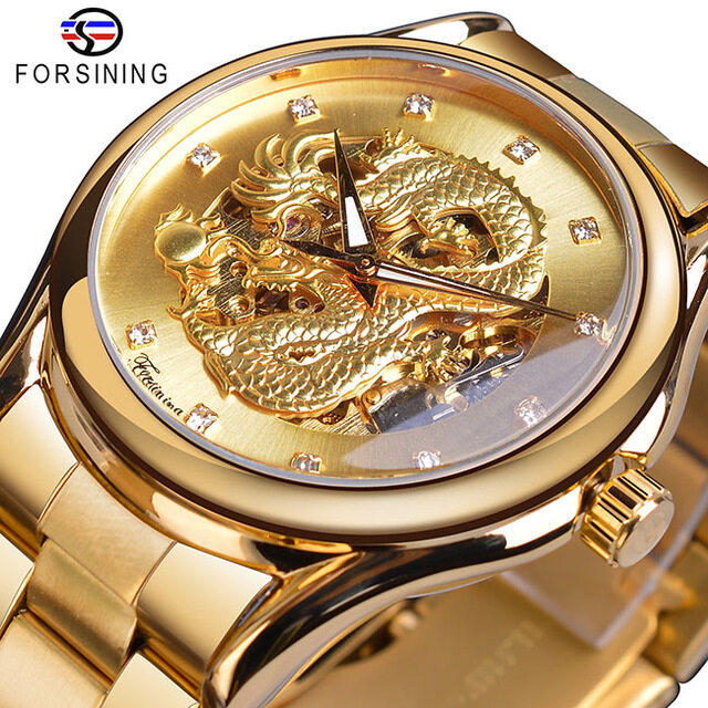 ใหม่ Hot Forsining Skeleton Golden นาฬิกากลไกผู้ชายอัตโนมัติ 3D แกะสลัก Longgang เข็มขัดนาฬิกากลไกแบรนด์หรูจาก WIND. ผู้ชายของขวัญ
