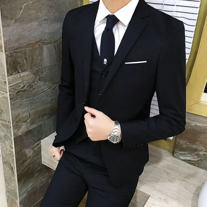 3 Piece Suit Men Blazer Lelaki Set Baju Tuxedo Slim Fit Blazer Men Formal Business Wedding Korean Office Coat Plus Size