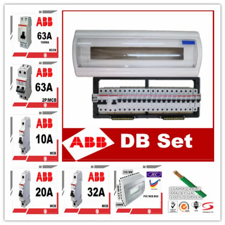 21 Way ABB Distribution Box DB - Full Set - Signal Phase 63a RCCB 0.1ma C/W MianSwitch 2 Pole McB Foc 16MM CABLE (SIRIM) & Mcb Bar Copper