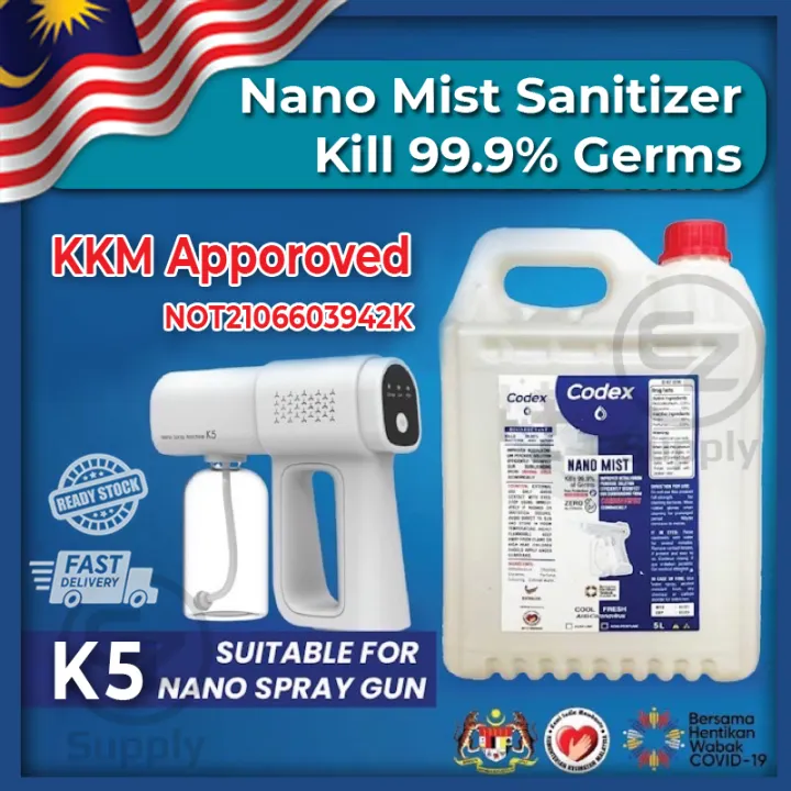 Disinfectant Sanitizer Spray 5L (Codex) For Nano Mist Spray Gun & Misting Machine /Non Alcohol / Quick Kill, Able to use with Air Humidifier, Atomizer, Nano Spray Gun, 99.9 % Kill Virus Germs Bacteria and Fungus Non Alcohol and Eco Friendly