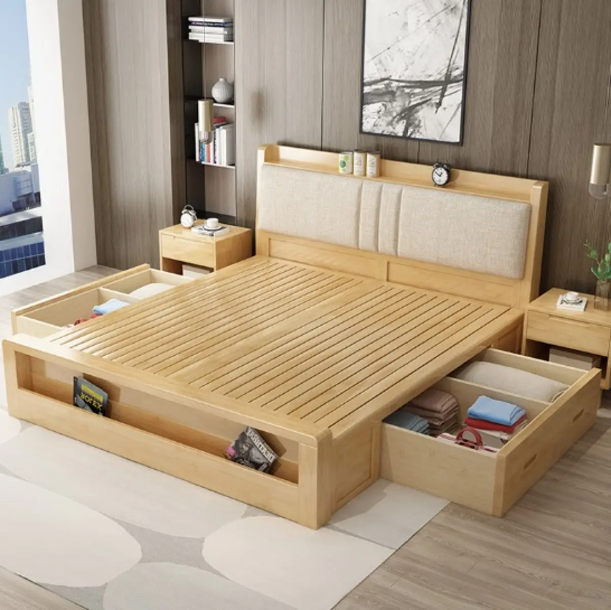 Solid Wood Bed Master Bedroom, Simple Modern Queen Bed Frame