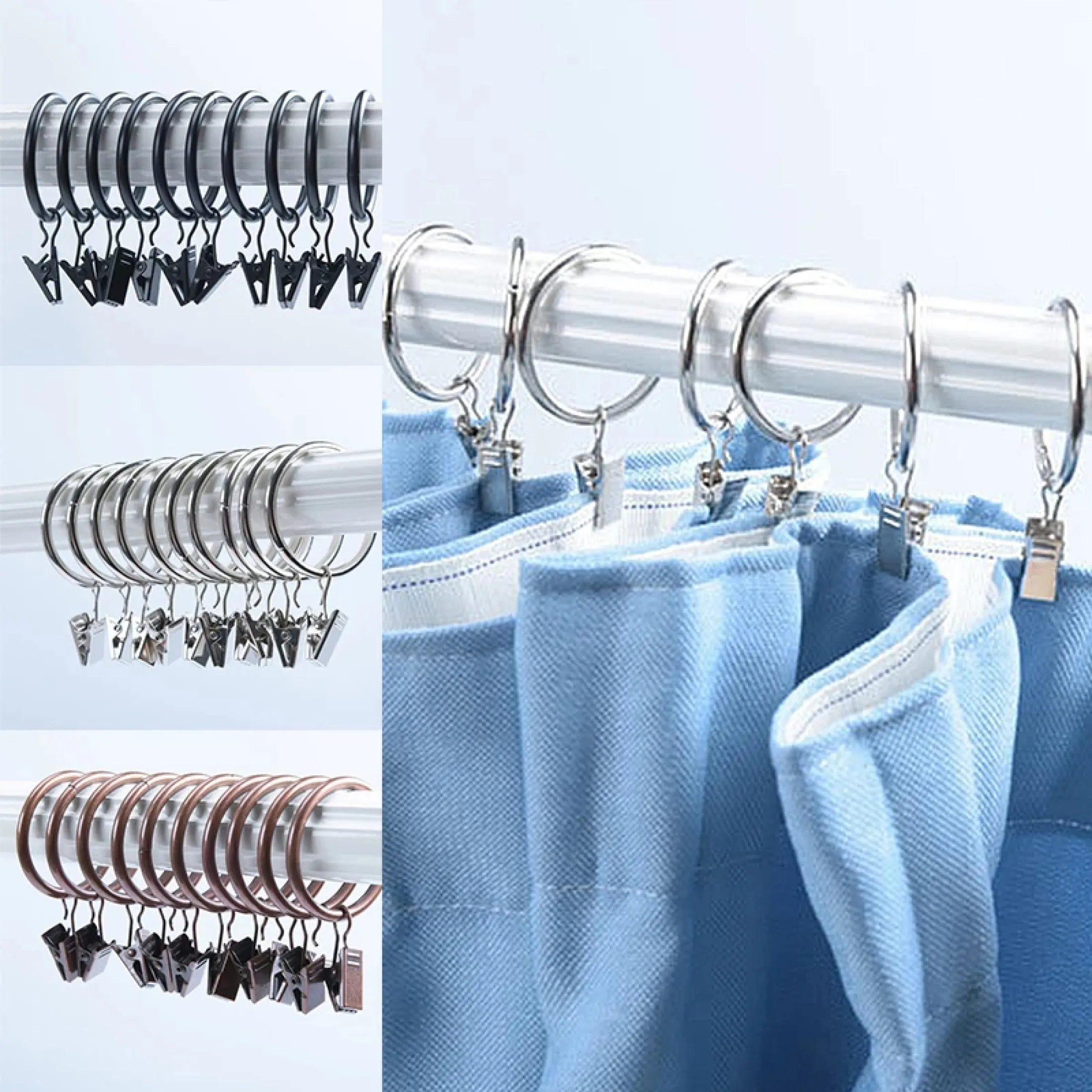 10pcs Shower Curtain Rings With Clips, Heavy Duty Shower Curtain Rings