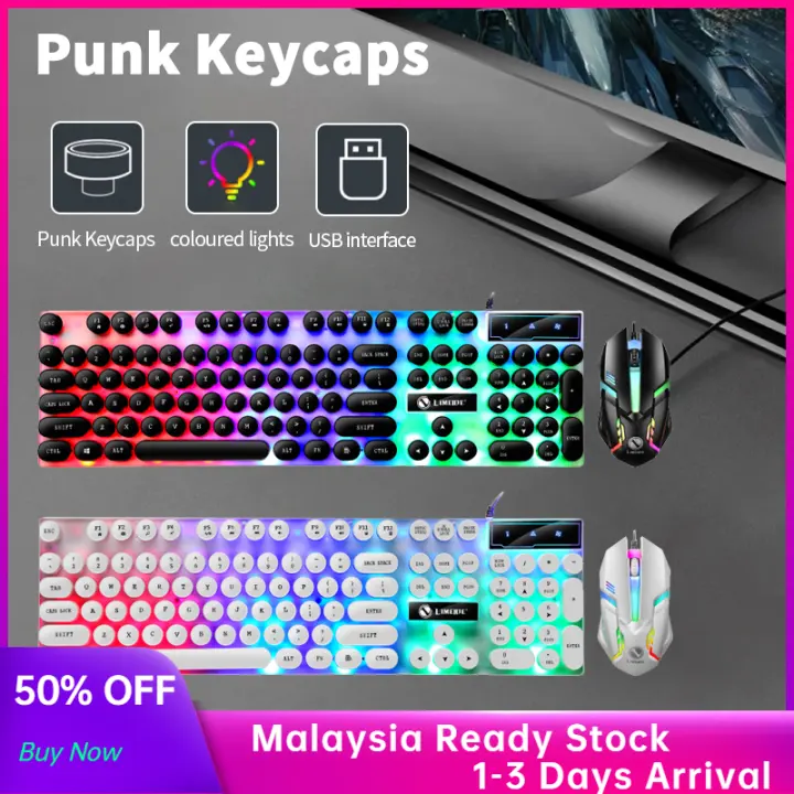 【Gaming Keyboard + Mouse Combo】Keyboard and Mouse Set Punk Wired Gaming Keyboard LED Colorful Light Gaming Mechanical Feel Keyboard and Mouse Set Gaming Keyboard For PC/Laptop