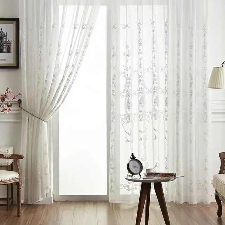 Embroidered White Sheer Curtains Window, Sheer Curtains For Sliding Glass Doors