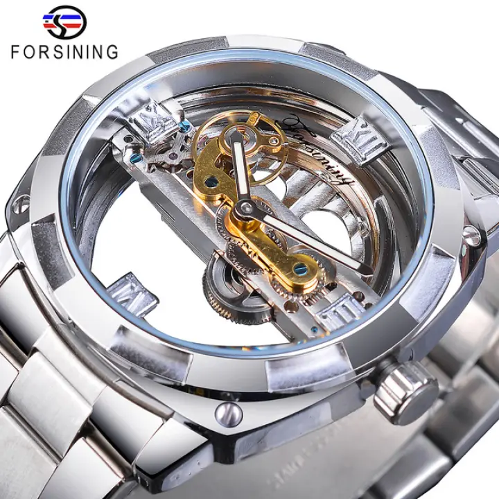 Forsining Men Fashion Luxury Brand Transparent Design Mechanical Watch Automatic Silver Square Golden Gear Skeleton Stainless Steel Folding Buckle Mens Watch Lazada Singapore