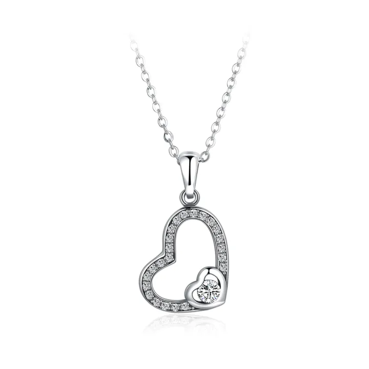 Glamorousky 925 Sterling Silver Fashion Simple Hollow Heart Round Pendant with Cubic Zircon and Necklace 