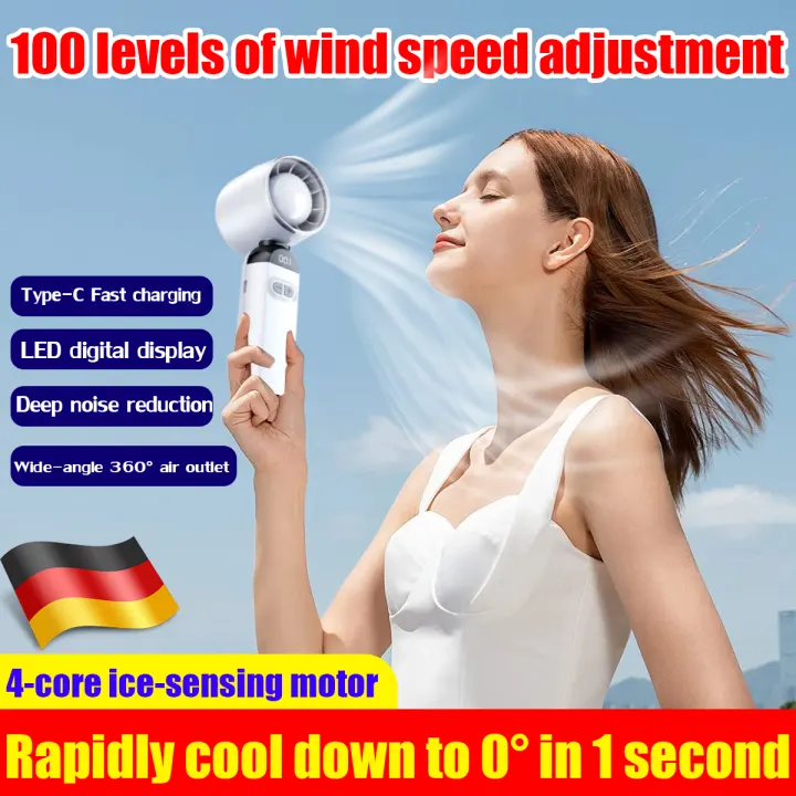 100 levels of wind speed adjustment handheld fan 4-core ice-sensing motor turbo fan Battery/LED digital display kipas mini fan rechargeable Type-C Fast charging Deep noise reduction Wide-angle 360° air outlet Rapidly cool down to 0° in 1 second 手持小风扇